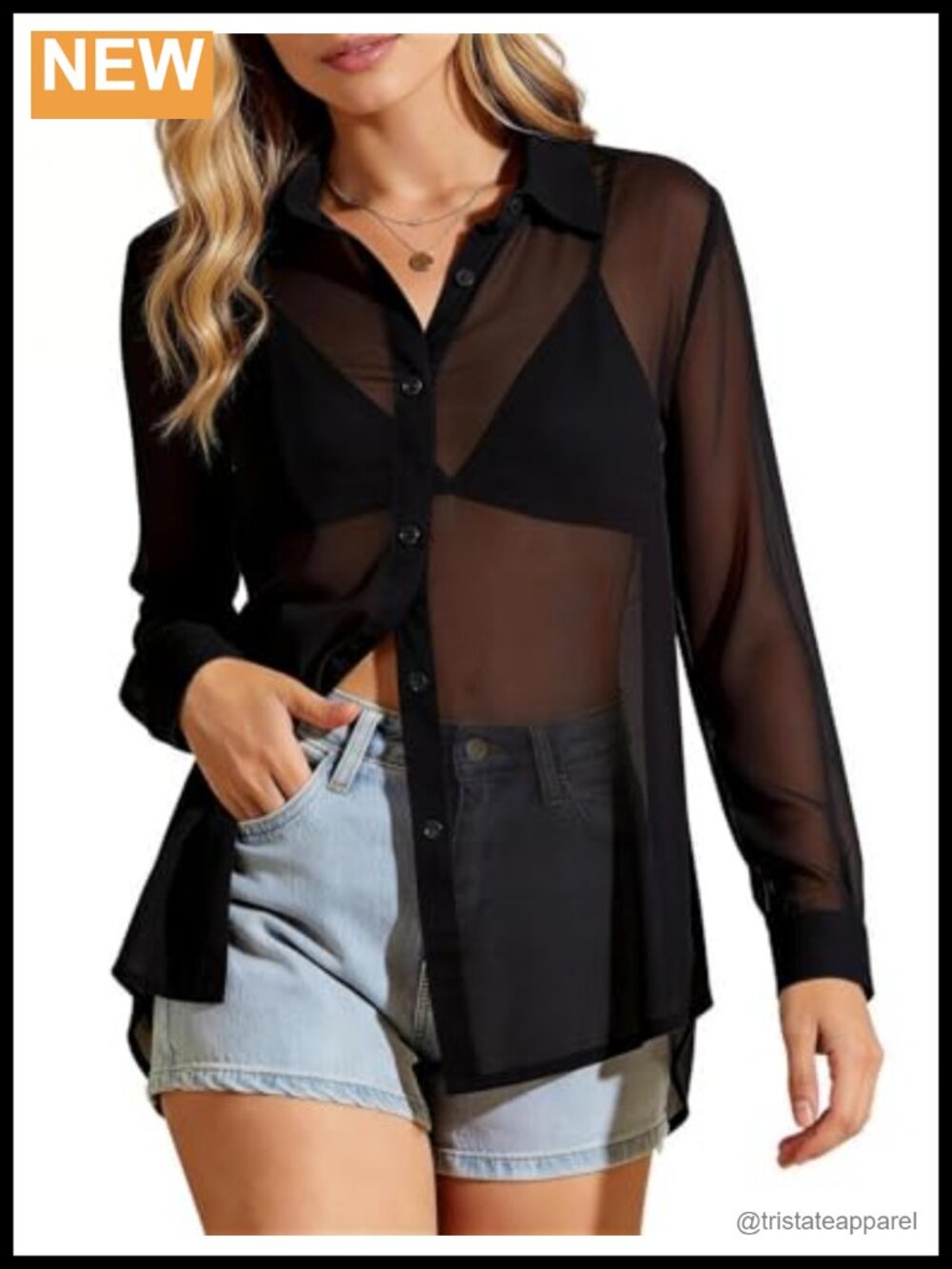 Sheer Button Down Mesh Shirt Women's Loose See Through Blouse Long Sleeve